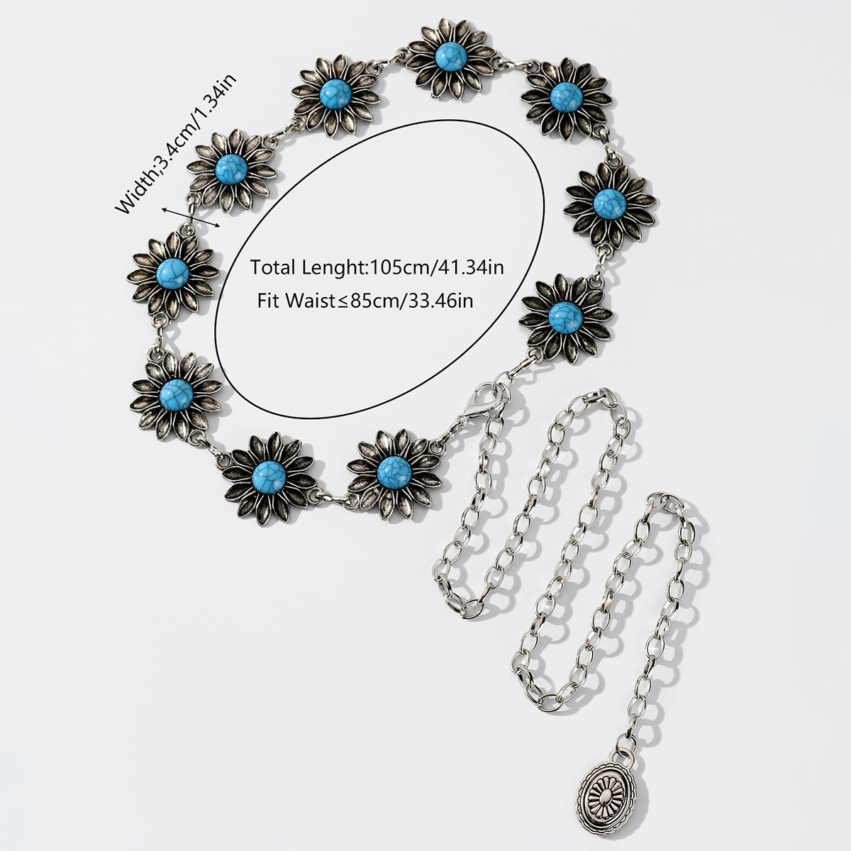 Vintage Bohemian Chrysanthemum Alloy Turquoise Women's Chain Belt