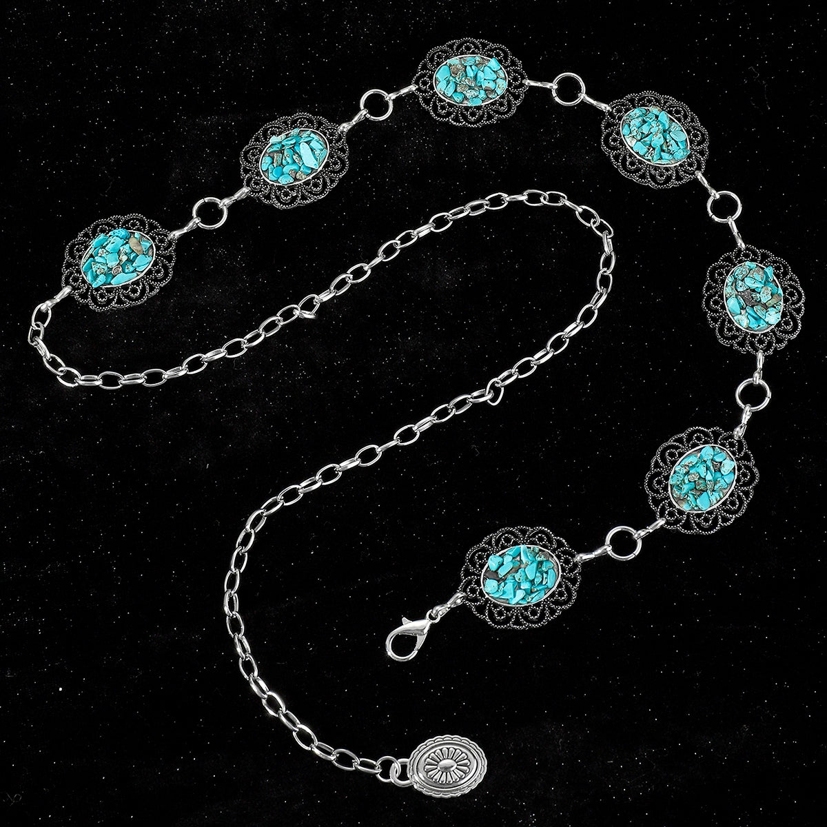 Vintage Bohemian Chrysanthemum Alloy Turquoise Women's Chain Belt