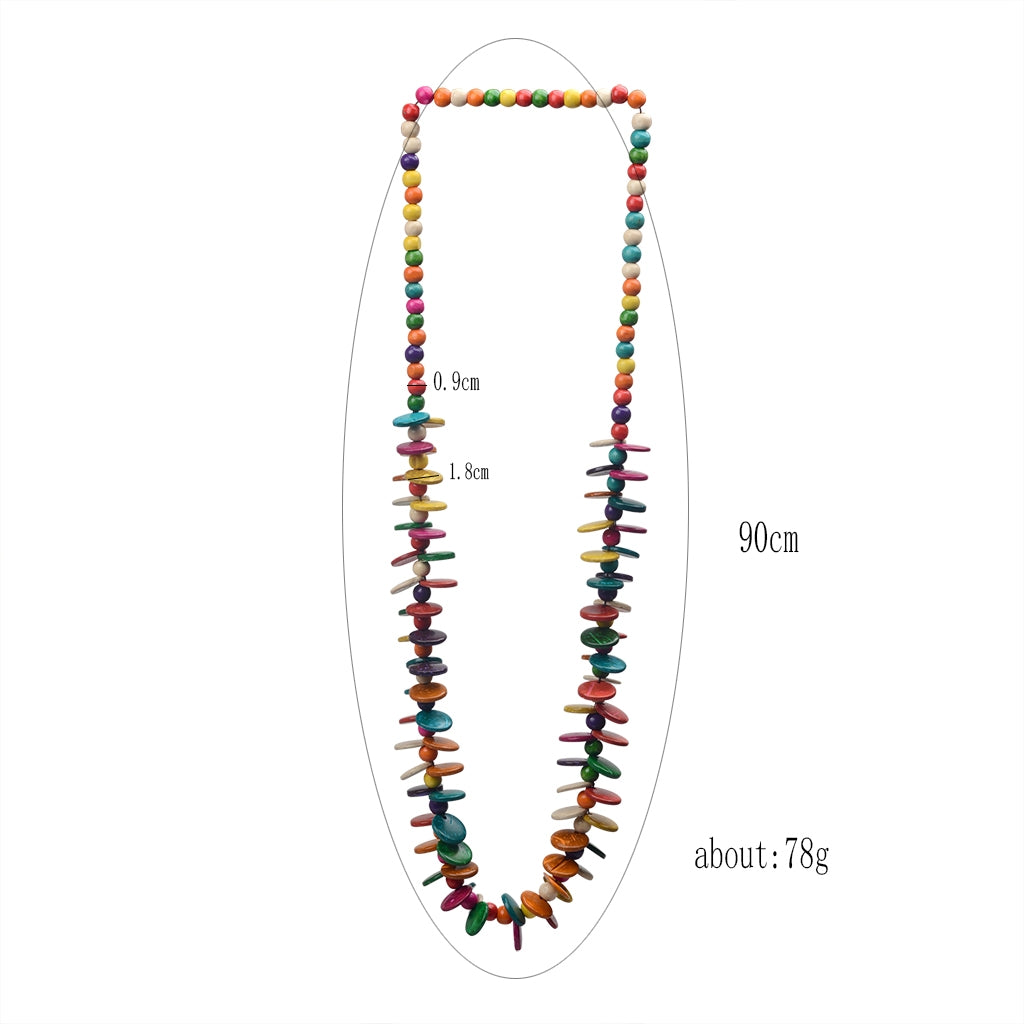 Vintage Geometric Wooden Beads Coconut Shell Long Necklace