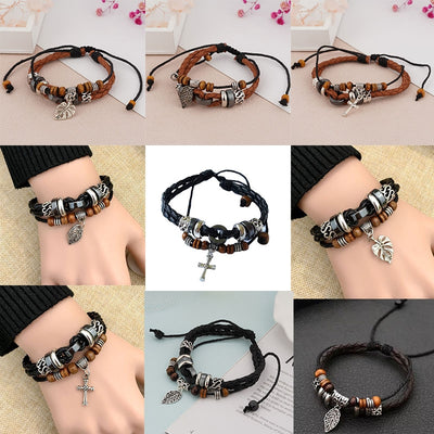 Vintage Ethnic Cross Leaf Alloy Wooden Bead Unisex Bracelet - European Retro Cowhide Handwoven Fashion