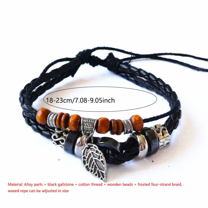 Vintage Ethnic Cross Leaf Alloy Wooden Bead Unisex Bracelet - European Retro Cowhide Handwoven Fashion