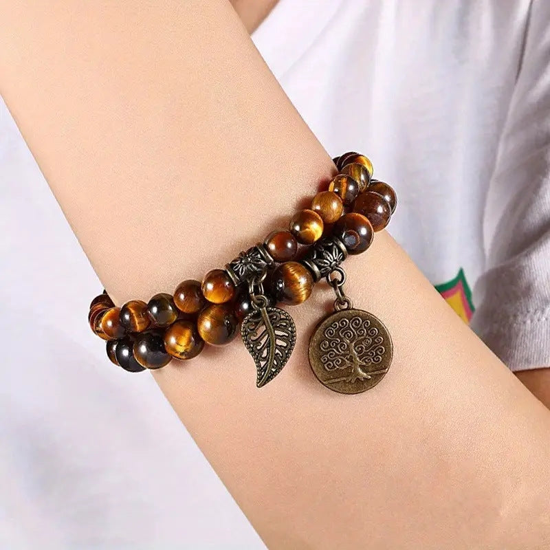 Vintage Ethnic Leaf Tree Agate Beaded Bracelets Set