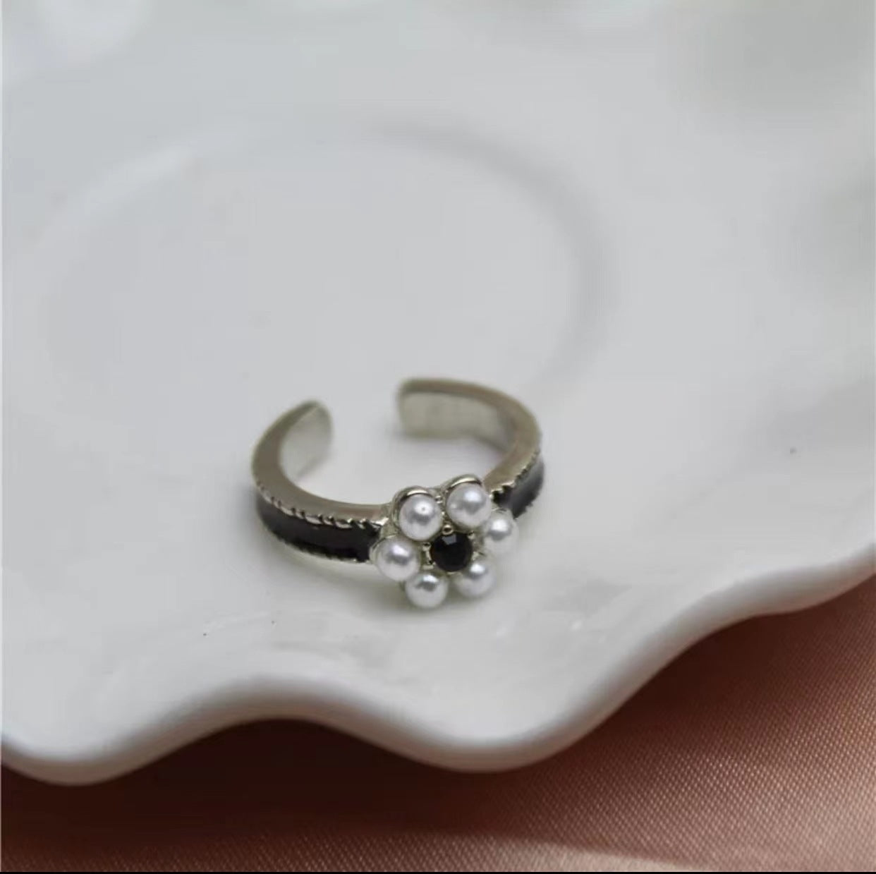 Vintage Floral Sterling Silver Pearl Adjustable Ring