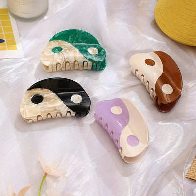 Vintage Geometric Acetate Hair Claw Clip - Semi-Circle Yin Yang Design