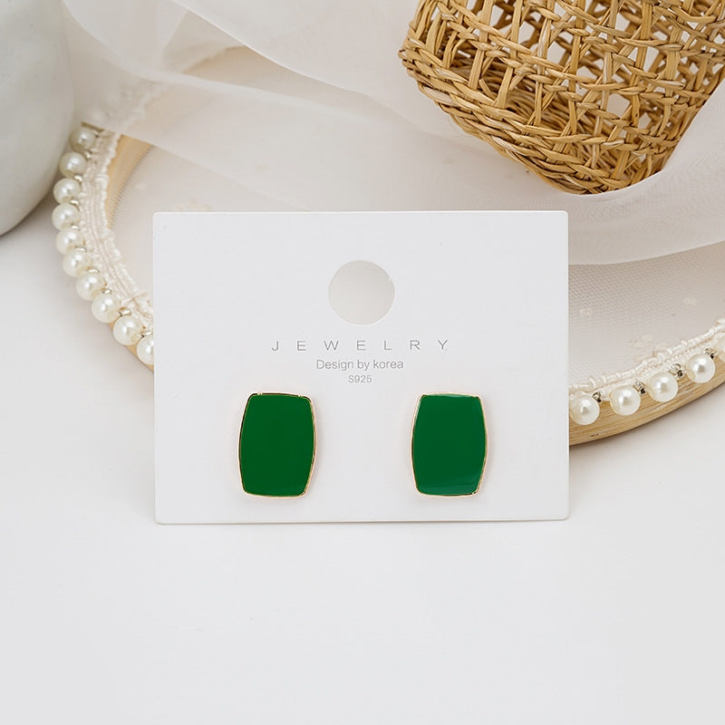 Vintage Geometric Enamel Square Stud Earrings with 925 Silver Needle