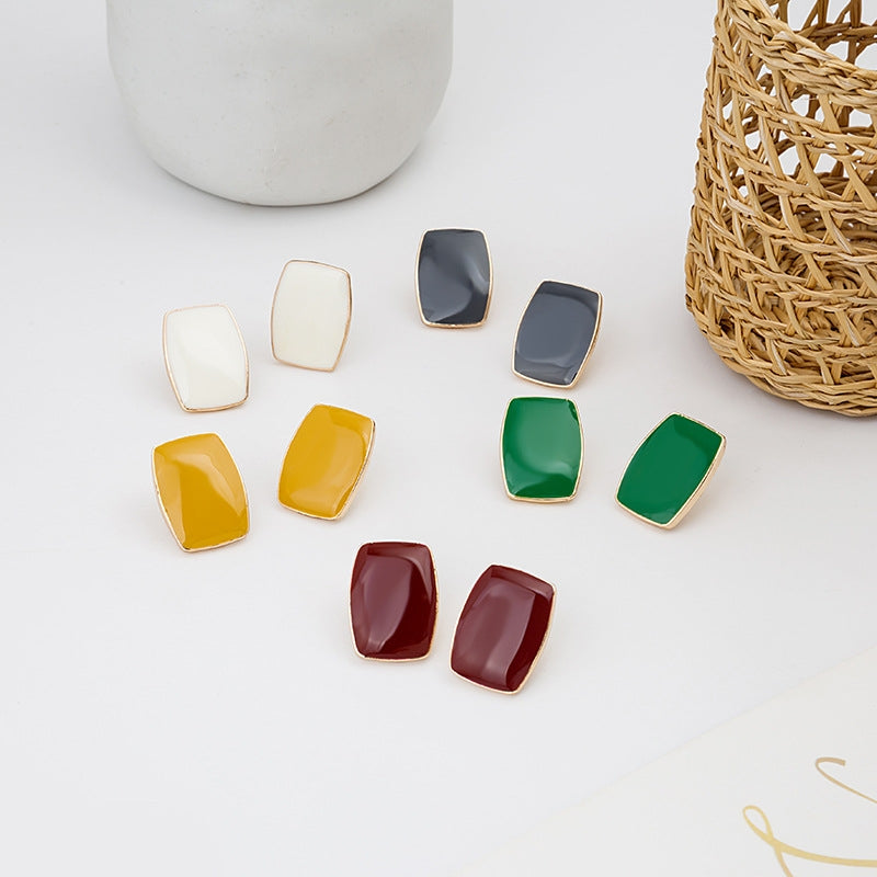 Vintage Geometric Enamel Square Stud Earrings with 925 Silver Needle