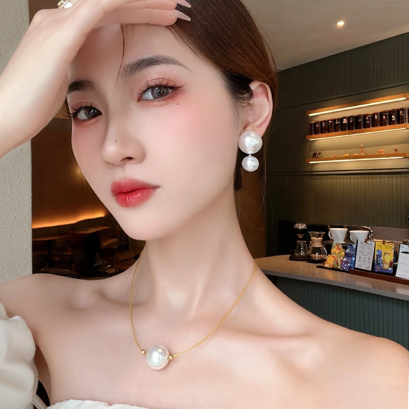 Vintage Geometric Pearl Pendant Necklace and Elegant Pearl Earrings Set