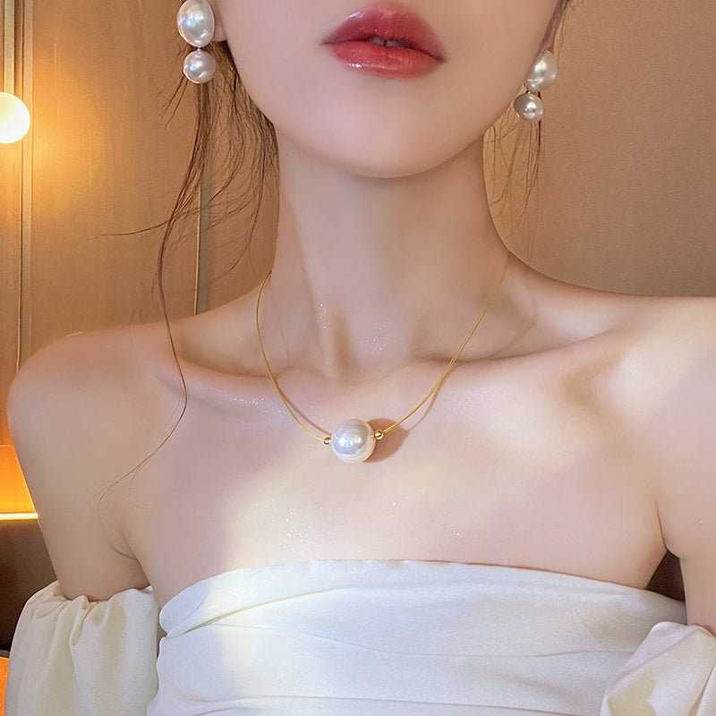 Vintage Geometric Pearl Pendant Necklace and Elegant Pearl Earrings Set