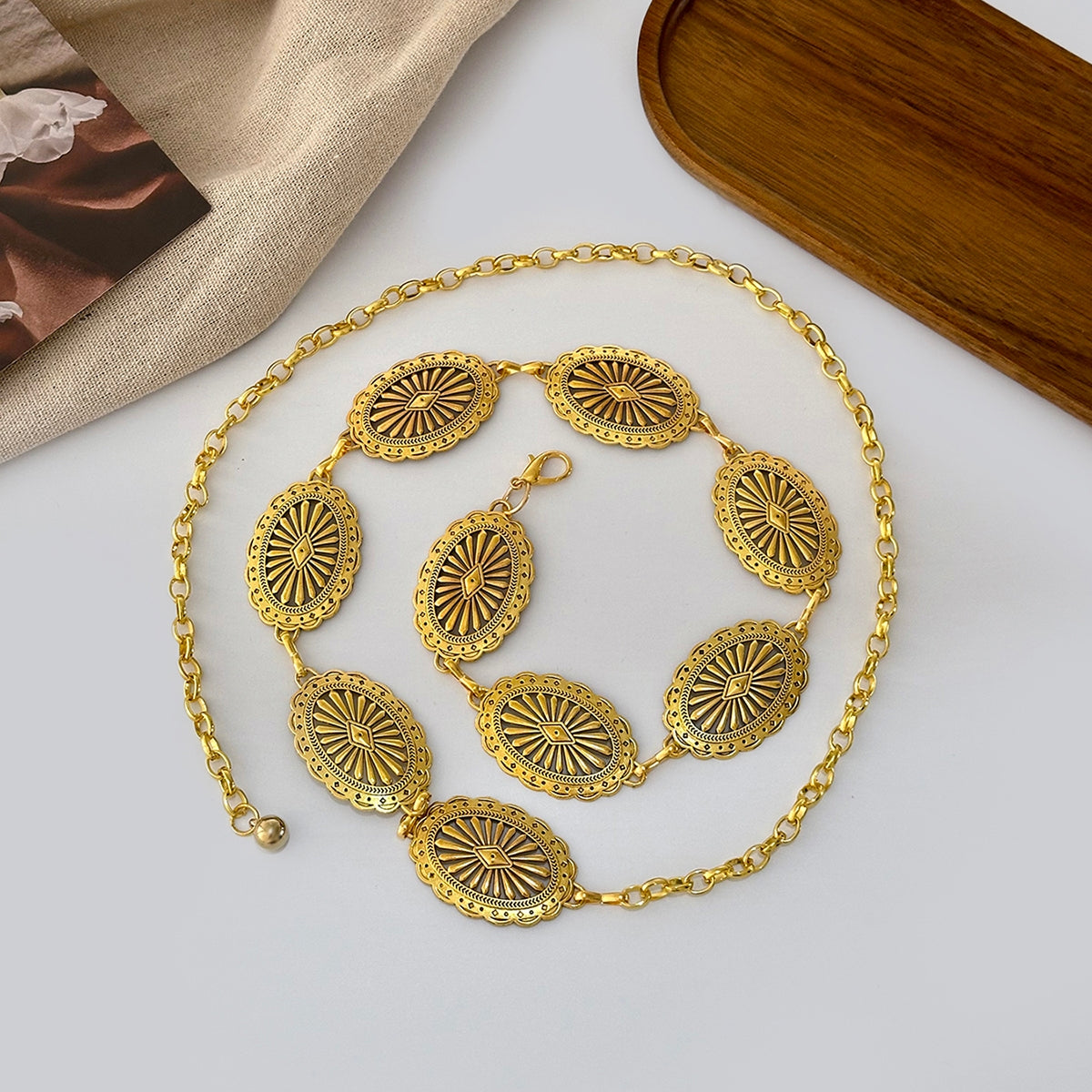 Vintage Geometric Pattern Metal Chain Belt for Women