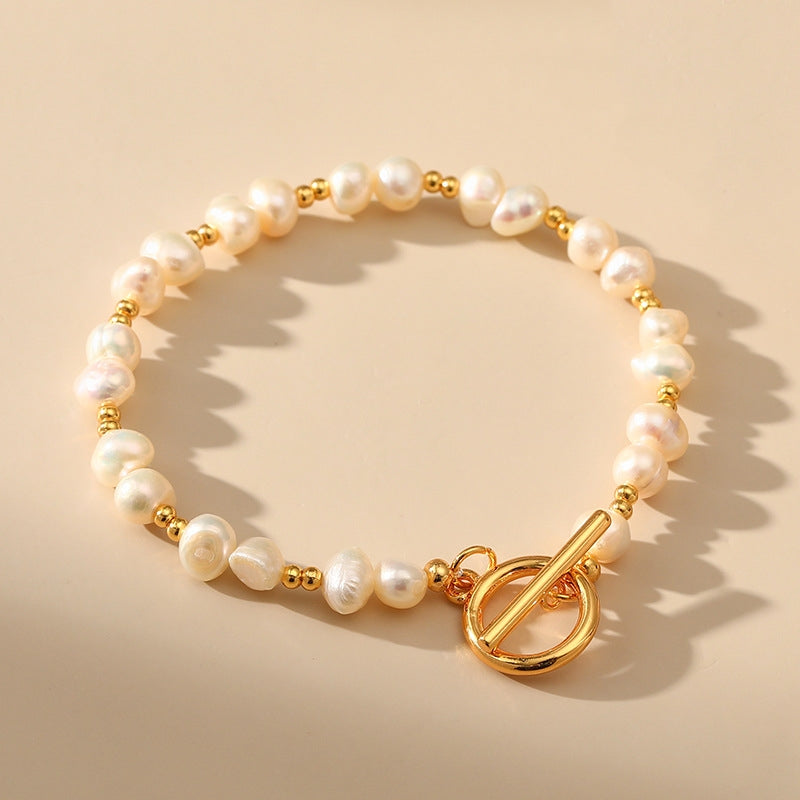 Vintage Geometric Freshwater Pearl 18k Gold Plated Bracelet