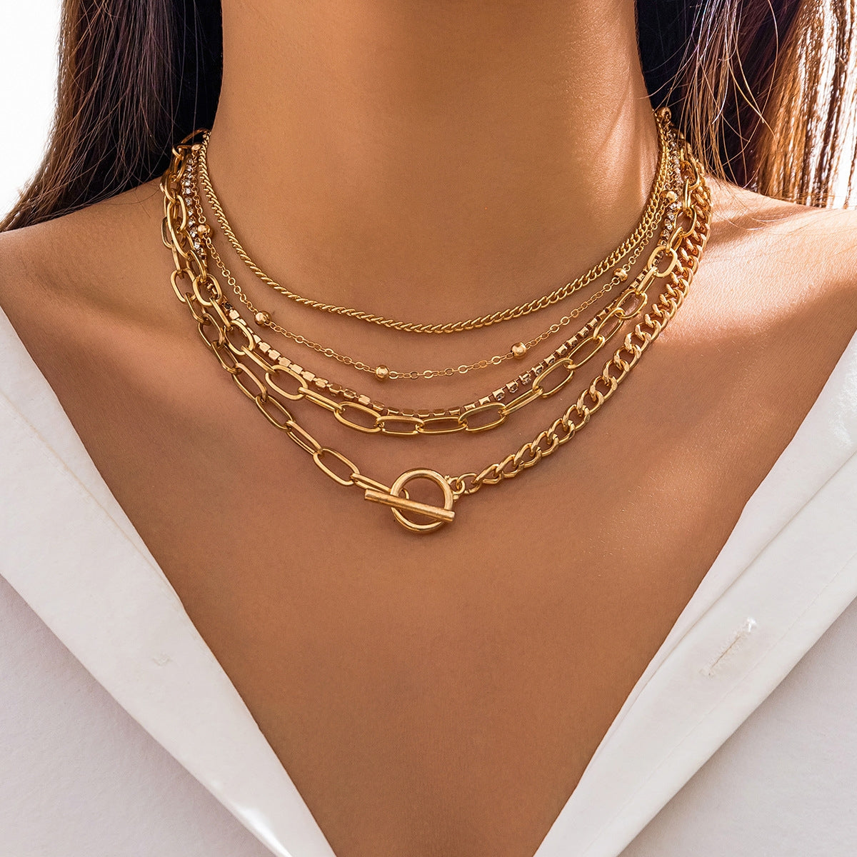 Vintage Geometric Alloy Chain & Bead Multi-Layer Women's Bracelet