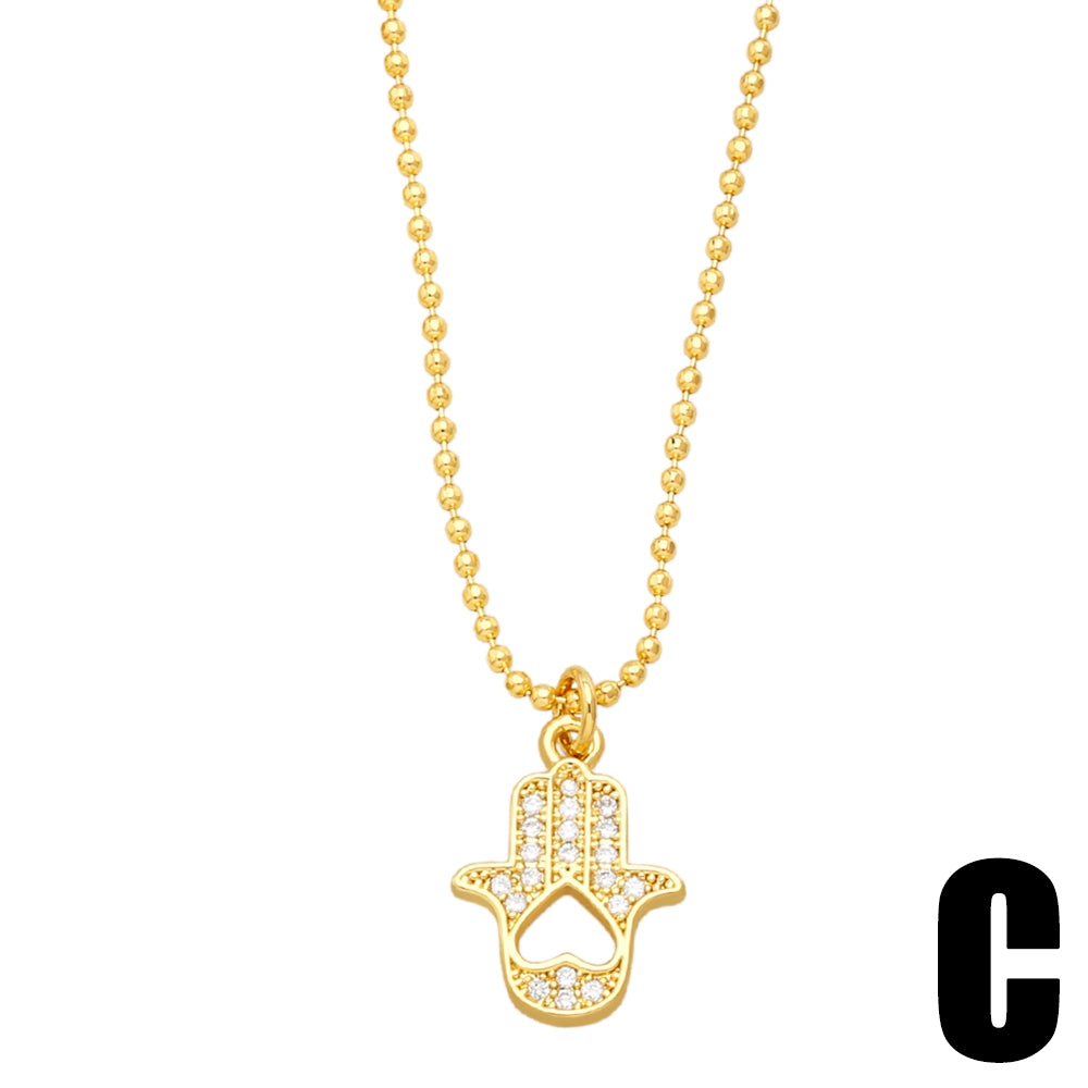 Vintage Hand of Fatima Copper Gold Plated Zircon Pendant Necklace