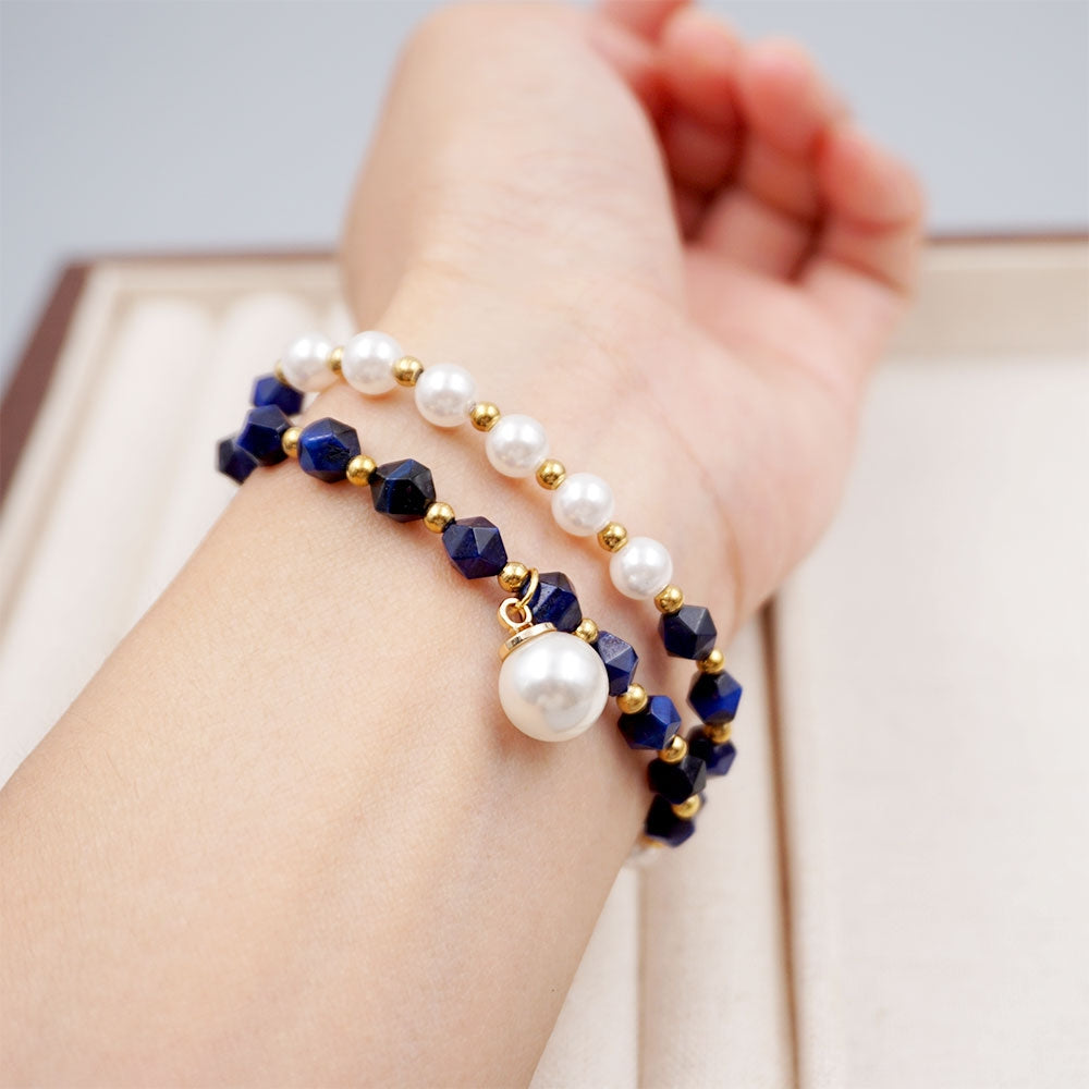 Vintage Modern Round Pearl Kyanite Stacking Bracelet