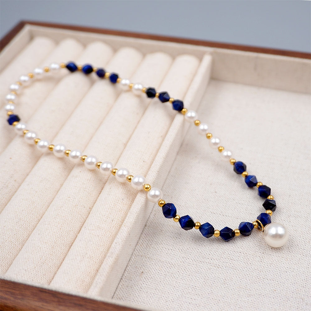 Vintage Modern Round Pearl Kyanite Stacking Bracelet