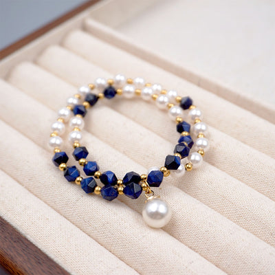 Vintage Modern Round Pearl Kyanite Stacking Bracelet