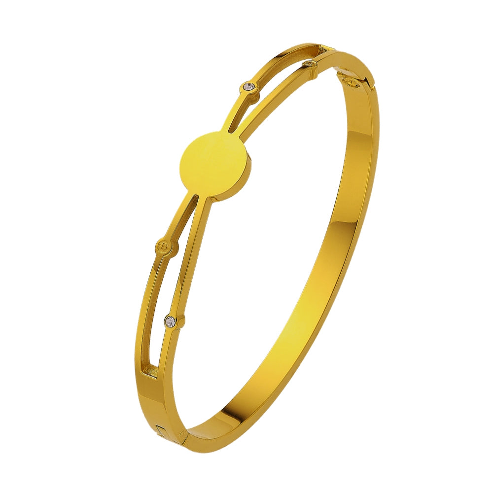 Vintage European and American Style 18K Gold Plated Stainless Steel Bangle with Fine Diamonds for Women