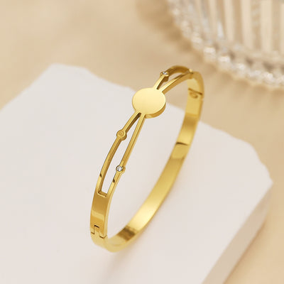 Vintage European and American Style 18K Gold Plated Stainless Steel Bangle with Fine Diamonds for Women