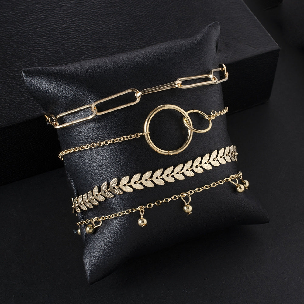 Vintage Geometric Leaf & Arrow Metal Bracelet Set - 4 Piece European Style