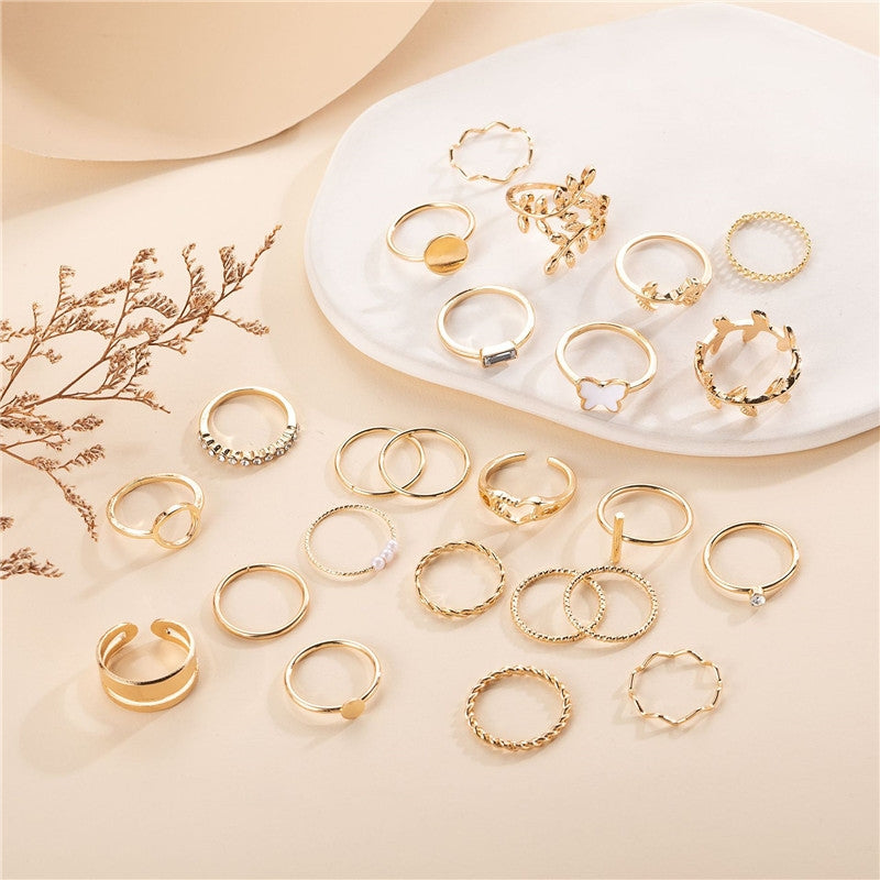 Vintage Punk Butterfly Leaf Heart Gold Plated Ring Set - 24 Pieces