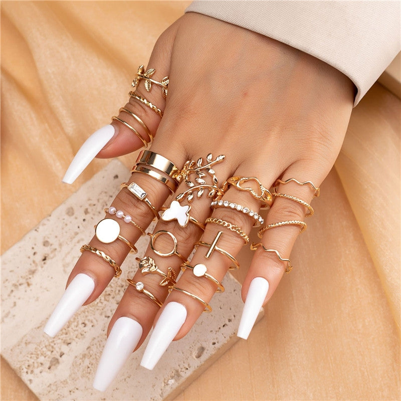Vintage Punk Butterfly Leaf Heart Gold Plated Ring Set - 24 Pieces