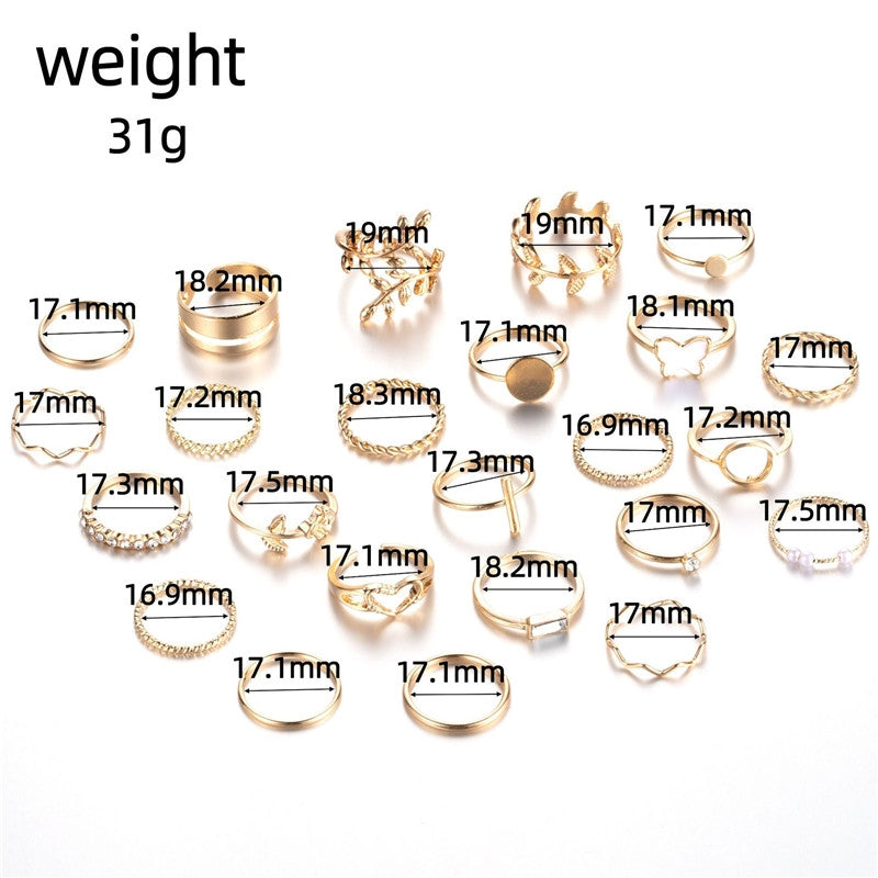 Vintage Punk Butterfly Leaf Heart Gold Plated Ring Set - 24 Pieces
