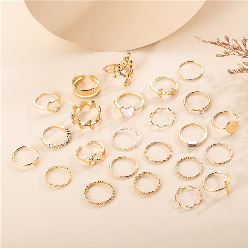Vintage Punk Butterfly Leaf Heart Gold Plated Ring Set - 24 Pieces
