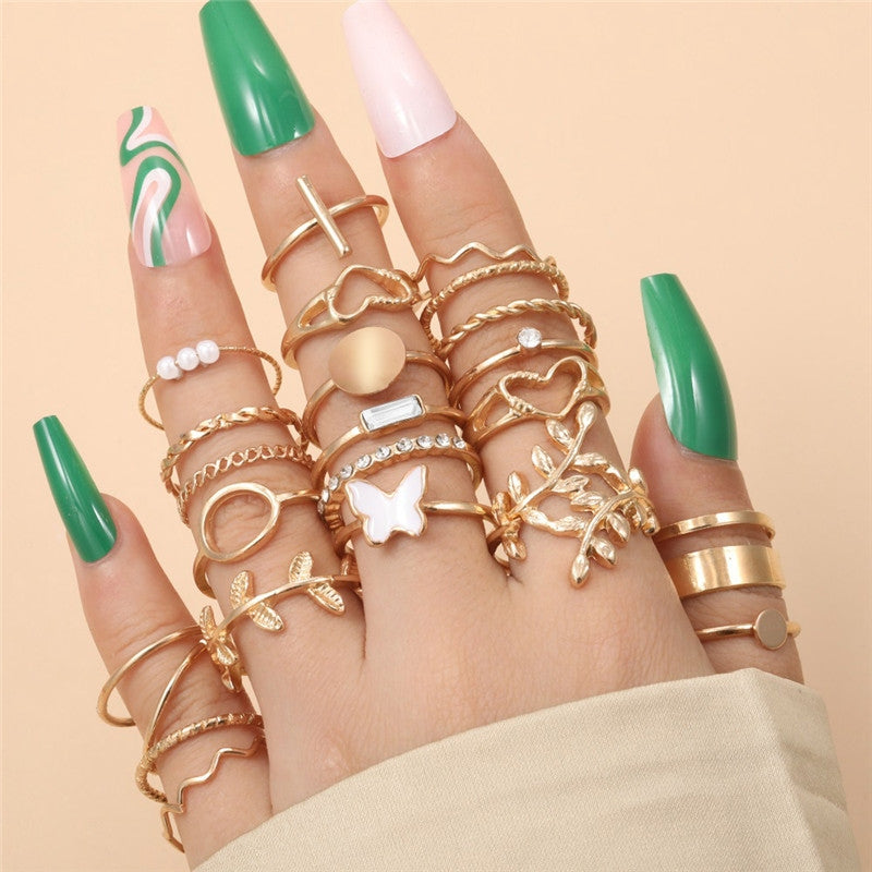 Vintage Punk Butterfly Leaf Heart Gold Plated Ring Set - 24 Pieces