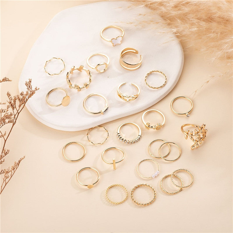 Vintage Punk Butterfly Leaf Heart Gold Plated Ring Set - 24 Pieces