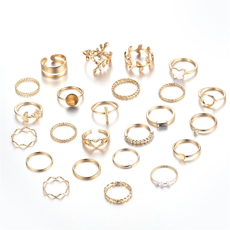 Vintage Punk Butterfly Leaf Heart Gold Plated Ring Set - 24 Pieces