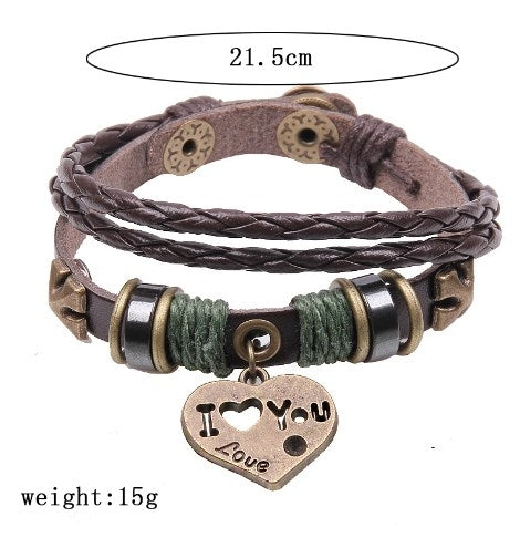 Vintage Romantic Heart Shape Leather Layered Unisex Bracelet