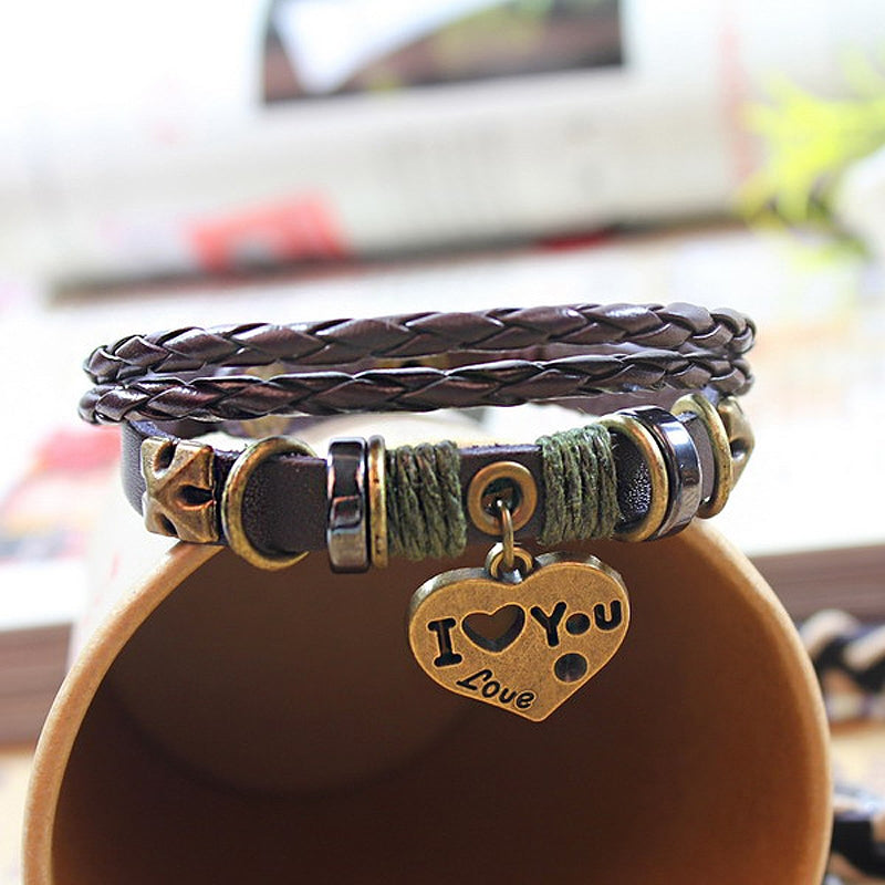 Vintage Romantic Heart Shape Leather Layered Unisex Bracelet