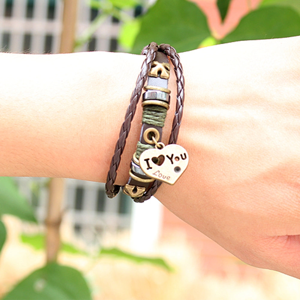 Vintage Romantic Heart Shape Leather Layered Unisex Bracelet