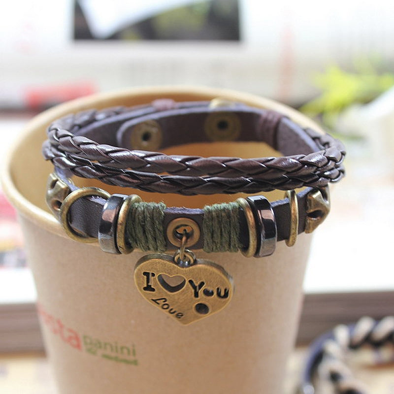 Vintage Romantic Heart Shape Leather Layered Unisex Bracelet