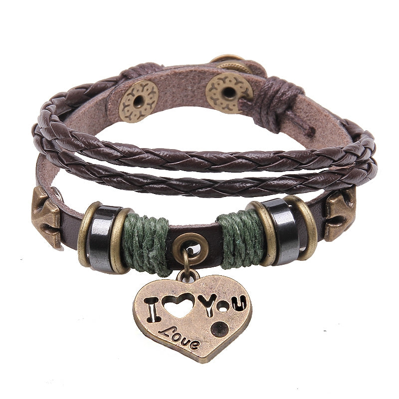 Vintage Romantic Heart Shape Leather Layered Unisex Bracelet