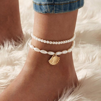 Vintage Shell Alloy Double Layer Anklet with Faux Pearl Pendant