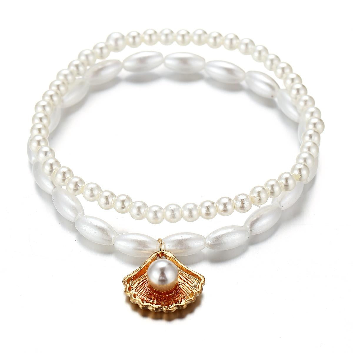 Vintage Shell Alloy Double Layer Anklet with Faux Pearl Pendant