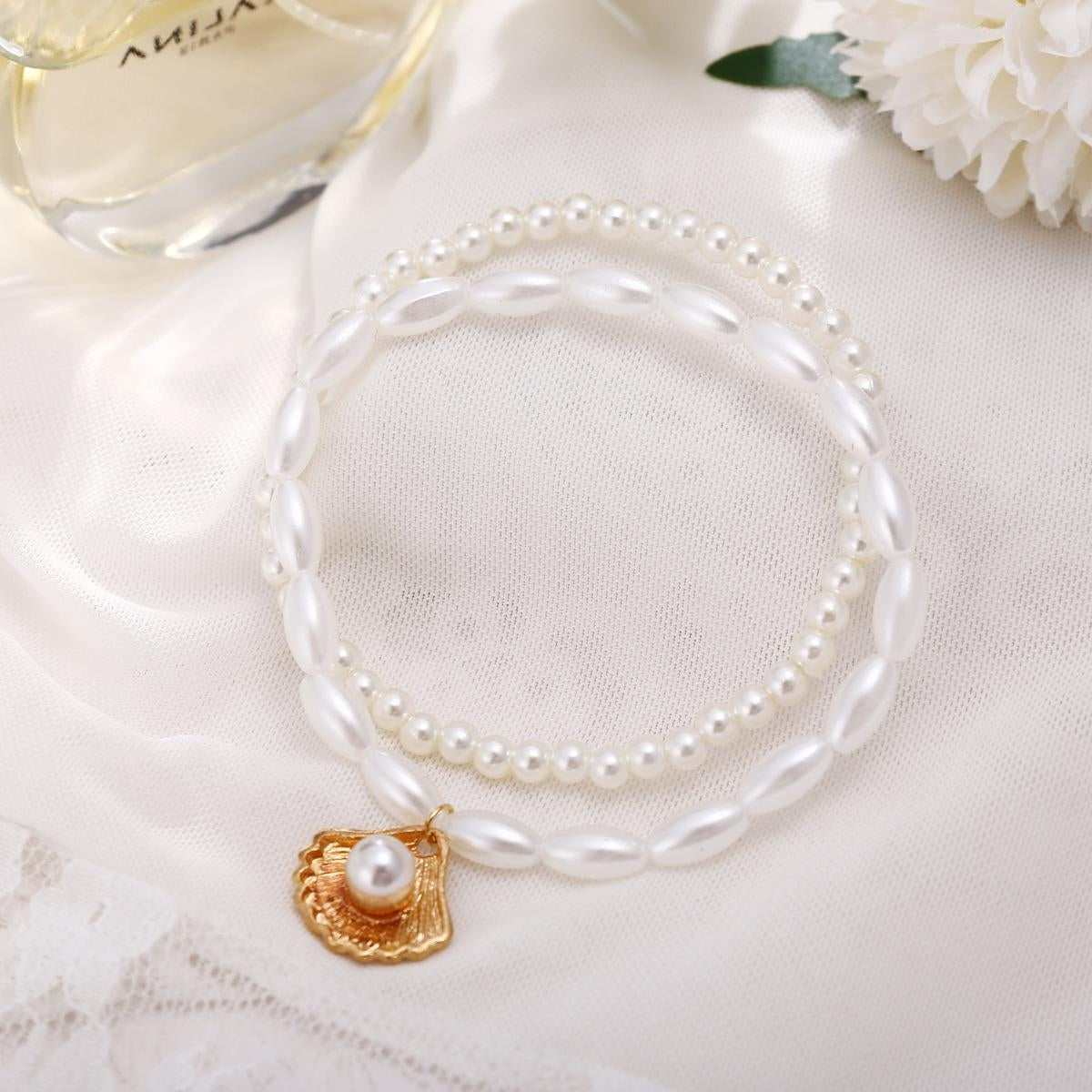 Vintage Shell Alloy Double Layer Anklet with Faux Pearl Pendant