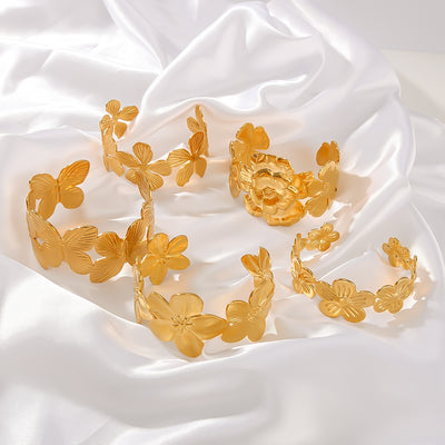Vintage European Hip-Hop Butterfly & Flower 18K Gold Plated Stainless Steel Bangle Bracelet