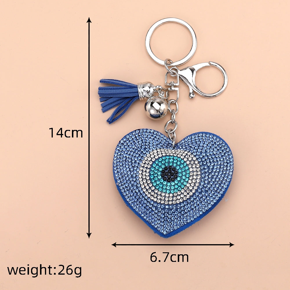 Vintage Style Heart Eye PU Leather Keychain with Rhinestone Tassel Pendant