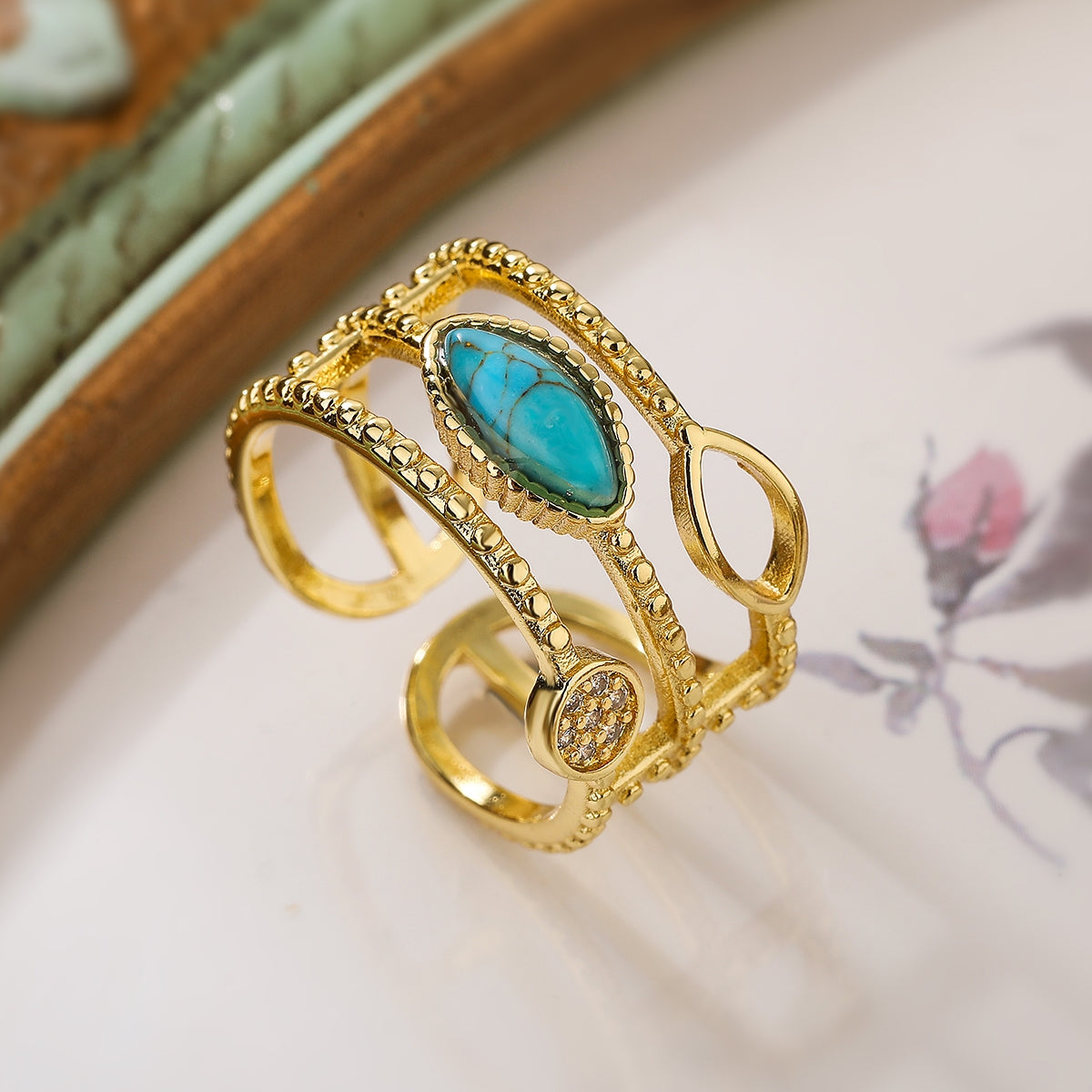 Vintage Geometric Turquoise 18k Gold Plated Open Ring