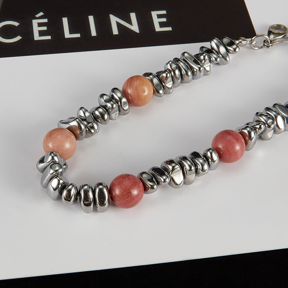 Vintage Round Stainless Steel Stone Beaded Bracelet