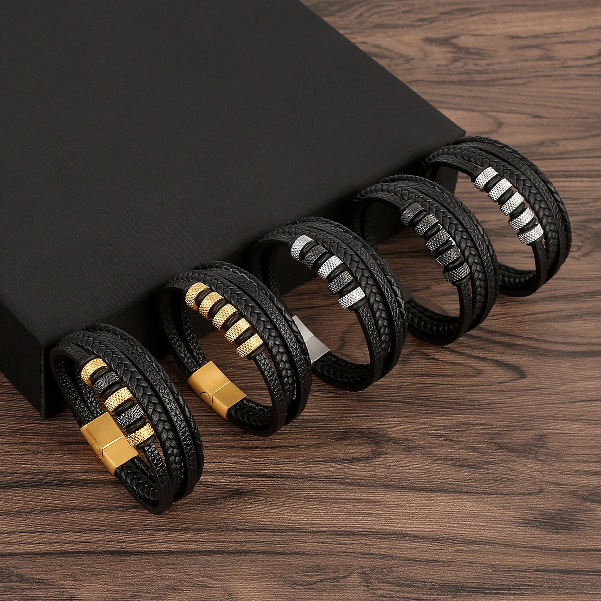 Vintage Style Handmade Men's Leather Bracelet with Electroplated Stainless Steel