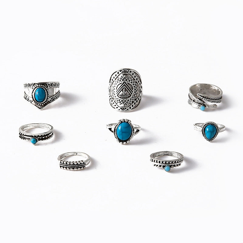 Vintage Bohemian Turquoise Leaf Totem Women's Ring Set - 8 Pieces