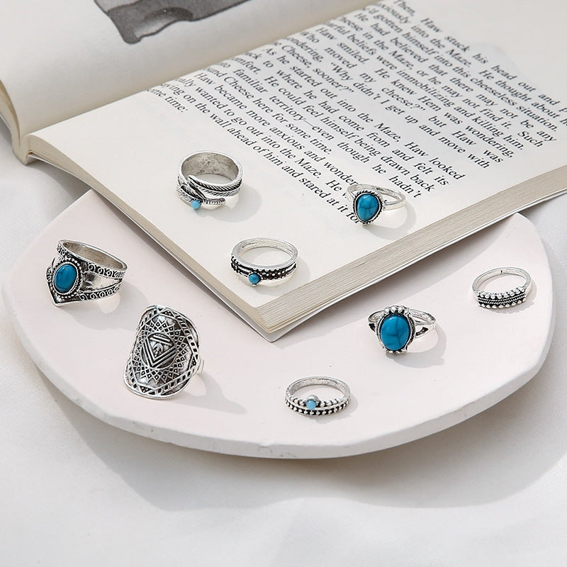 Vintage Bohemian Turquoise Leaf Totem Women's Ring Set - 8 Pieces