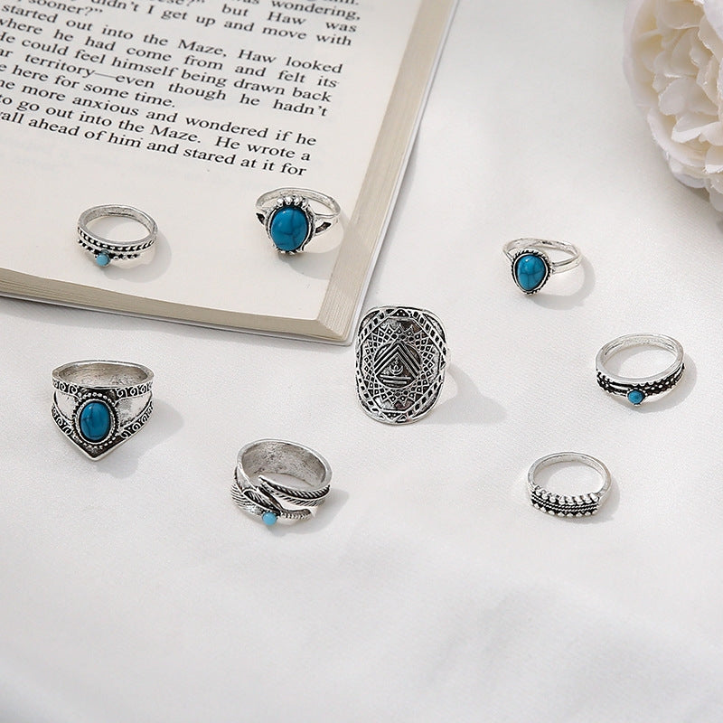 Vintage Bohemian Turquoise Leaf Totem Women's Ring Set - 8 Pieces