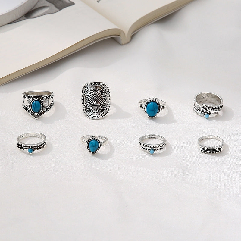 Vintage Bohemian Turquoise Leaf Totem Women's Ring Set - 8 Pieces