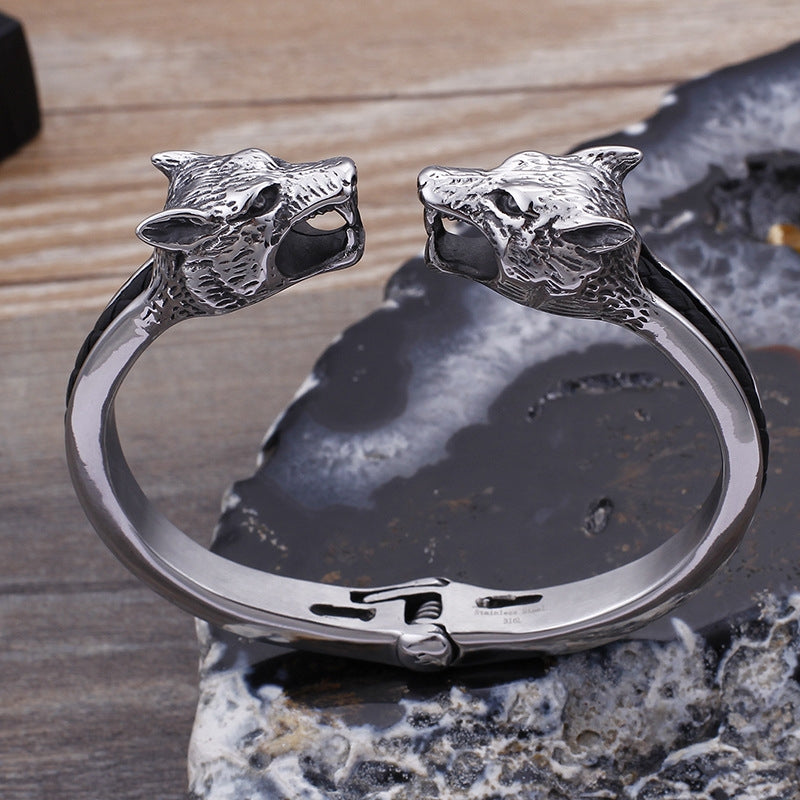 Vintage Wolf Head Titanium Steel Open Bracelet for Men