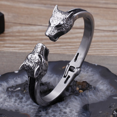 Vintage Wolf Head Titanium Steel Open Bracelet for Men
