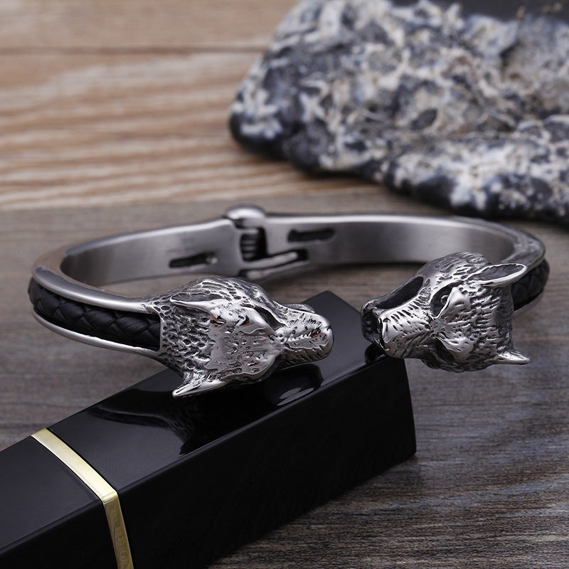 Vintage Wolf Head Titanium Steel Open Bracelet for Men
