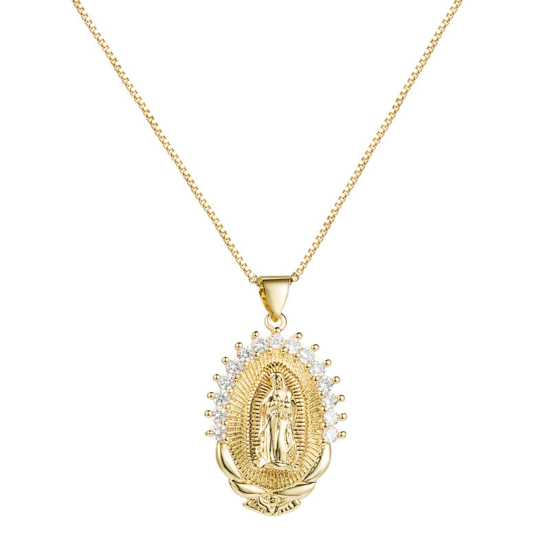 Virgin Mary Halo Pendant Geometric Lotus Copper Gold-Plated Zircon Necklace